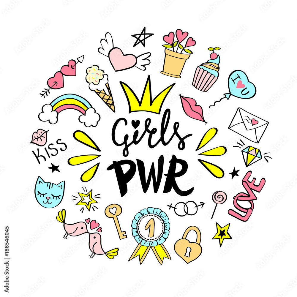 Girls Power lettering with girly doodles  for valentines day card design, girl's t-shirt print, posters. Hand drawn fancy comic feminism slogan in cartoon style.
