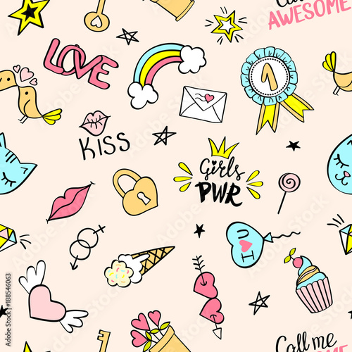 Seamless pattern with hand drawn girly doodles. Repeating background with childish sketch design elements for textile, wallpaper, scrapbooking.