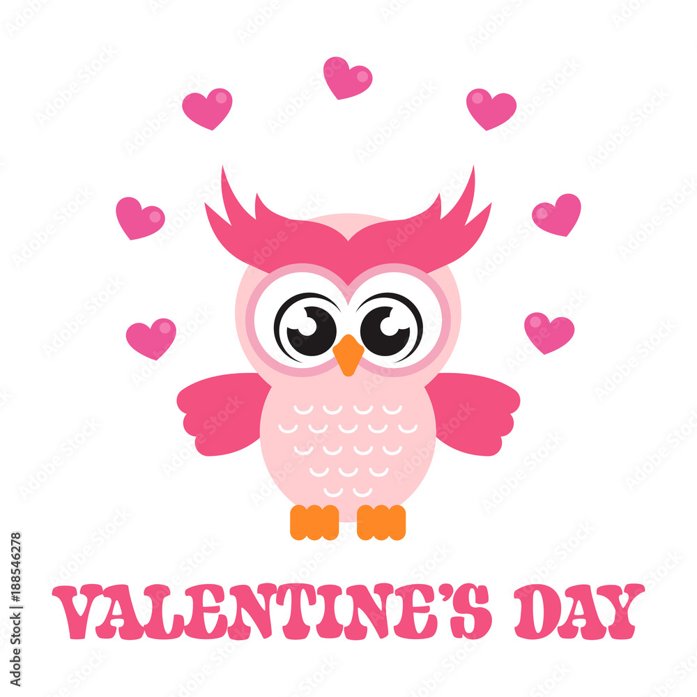 cartoon cute owl with lovely heart and text