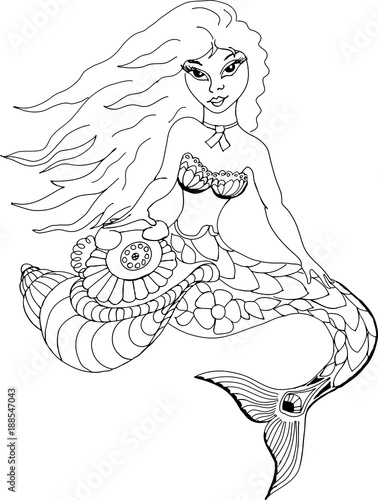 Mermaid with phone. Freehand sketch drawing for adult antistress coloring book