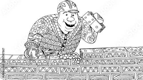 A man lays bricks. The bricks in the form of a domino. Freehand sketch drawing for adult antistress coloring book