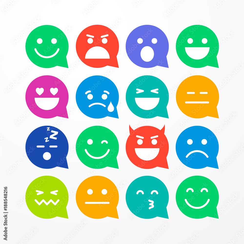 Vector illustration abstract isolated funny flat style emoji or emoticon speech bubble icon set on white background Vector illustration abstract isolated funny flat style emoji or emoticon speech bubble icon set on white background