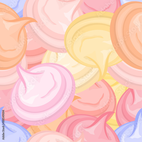 Meringue vector seamless pattern. Color classic print design for menu, cafe, confectionery. Retro style in pastel colors. Sweet confection. Sweet pattern. Repeat multilayered pattern in flat style.
