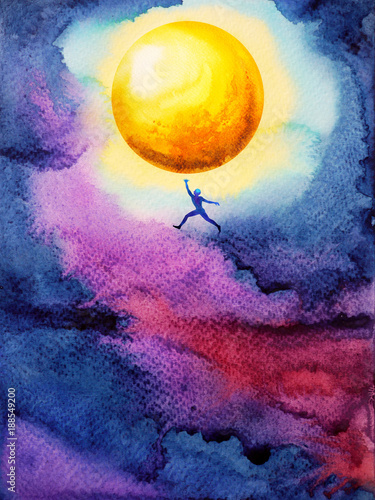 Fotografie human jump high up to catch bright yellow ful moon in dark sky night, dream illu