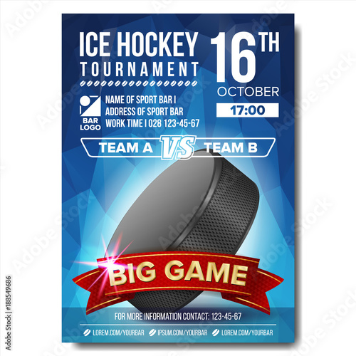 Ice Hockey Poster Vector. Ice Hockey Puck. Vertical Design For Sport Bar Promotion. Ice Hockey Flyer. Invitation Illustration