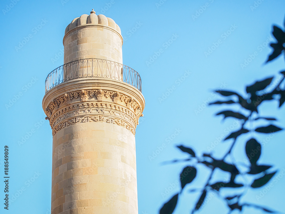 Ancient minaret of Muhammad Mosque in Baku old town