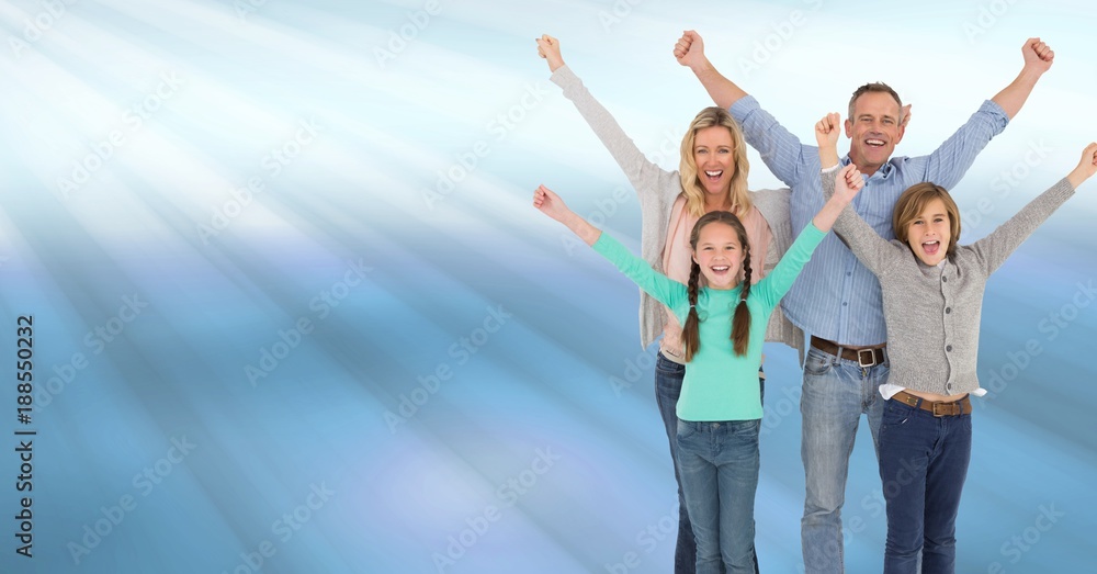 Family celebrating with joy with blue shining light streaks Family celebrating with joy with blue shining light streaks