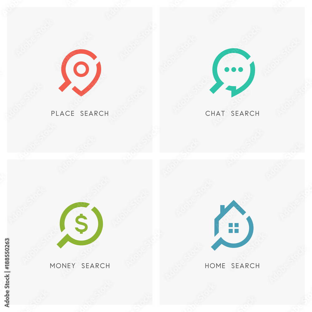 Search logo set. Address pointer, chat, dollar sign, home or house and loupe or magnifier symbol - place, location and destination, dialogue, conversation and discussion, finance and realty icons. Search logo set. Address pointer, chat, dollar sign, home or house and loupe or magnifier symbol - place, location and destination, dialogue, conversation and discussion, finance and realty icons.