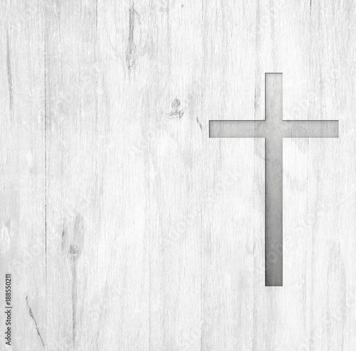 Canvas Print White old christian religion symbol cross shape as sign of belief on a grungy wo