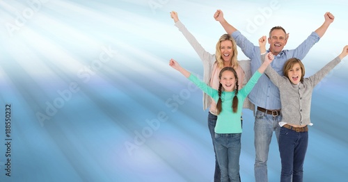Family celebrating with joy with blue shining light streaks