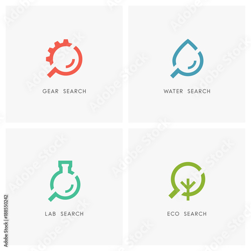 Search logo set. Gear wheel or pinion, drop of water, laboratory test tube, green tree and loupe or magnifier symbol - industry and machinery, chemistry and medicine, ecology and environment icons.
