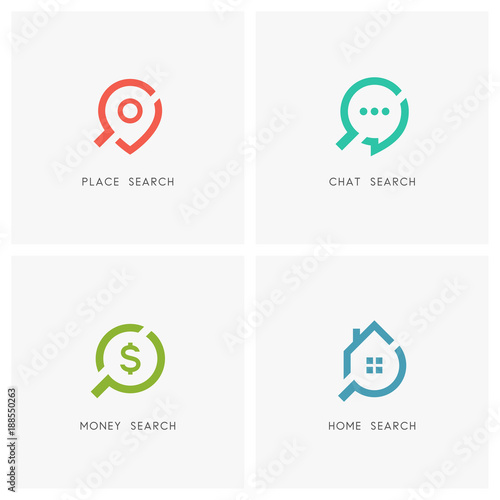 Search logo set. Address pointer, chat, dollar sign, home or house and loupe or magnifier symbol - place, location and destination, dialogue, conversation and discussion, finance and realty icons.