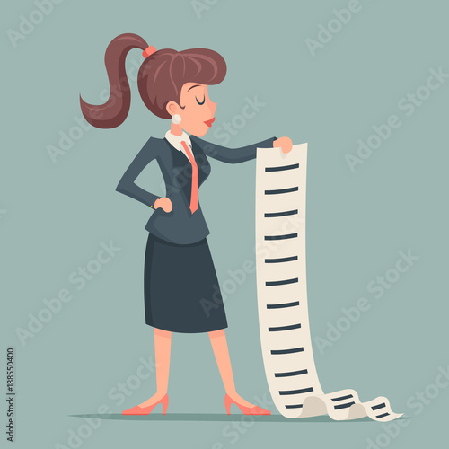 Businesswoman long list work deed offer sign document character icon retro cartoon design vector illustration