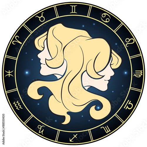 Gemini. Color zodiac sign in the circle frame.