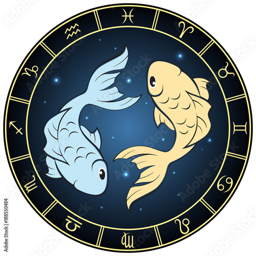 Pisces. Color zodiac sign in the circle frame.
