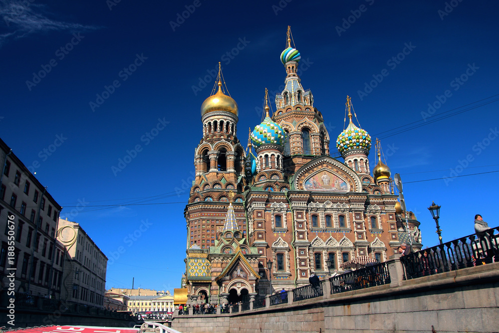  View of the Church of the Savior on Blood, with a river walk along the canals and rivers of the city..