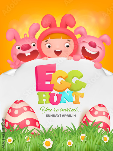 Egg hunt template with girl and two pink rabbits.