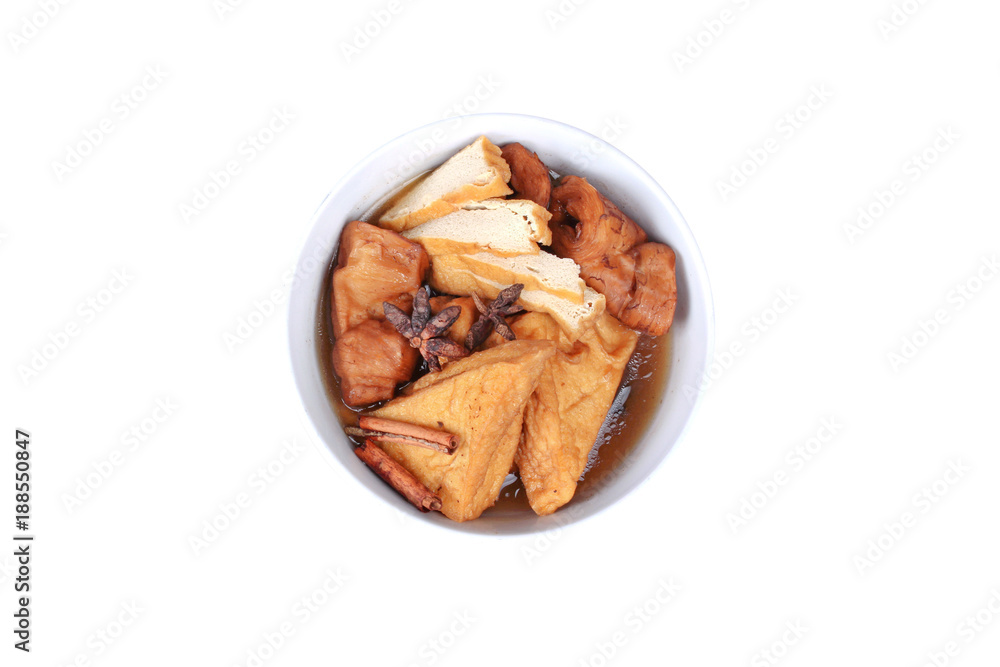 Obraz premium Chinese Vegetable festival food as fried tofu and fermented flour in brown soup.