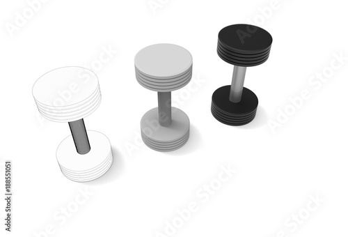 Two black metal dumbbells on isolated background. 3D rendering