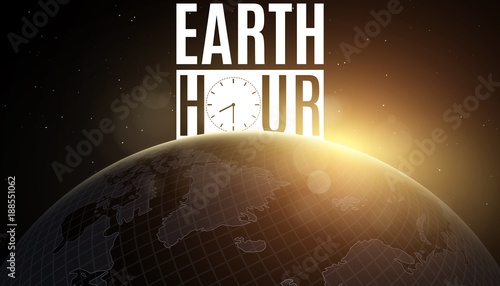 Earth Hour. Futuristic planet earth in space. 60 minutes without electricity. Sunrise with a yellow glow. Global holiday. Abstract world map. Space and stars. Vector photo