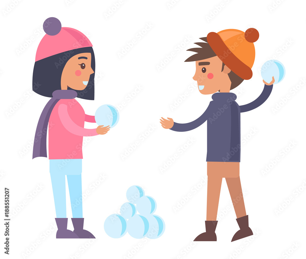 Happy Boy and Girl Going to Play Snowballs Winter Happy Boy and Girl Going to Play Snowballs Winter
