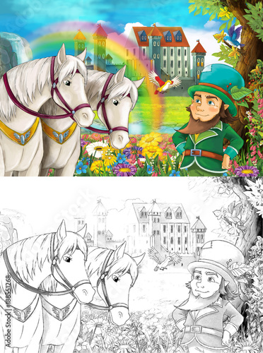 cartoon scene with dwarf near some beautiful rainbow waterfall and medieval castle - with coloring page - illustration for children  © honeyflavour