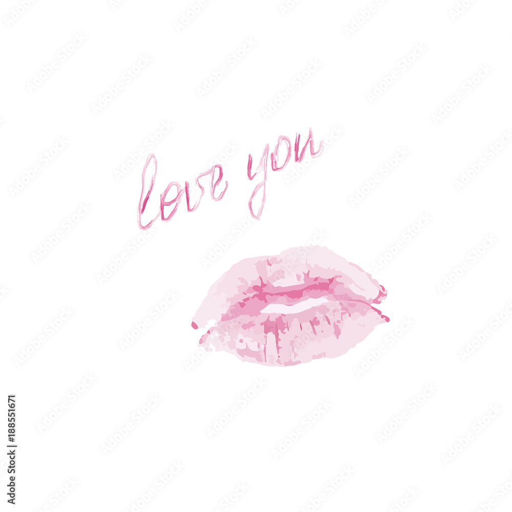 Pink lips with love you lettering on a white background, vector Pink lips with love you lettering on a white background, vector
