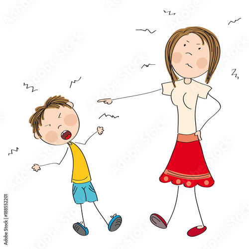 Mother angry with her naughty son, telling him off - original hand drawn illustration