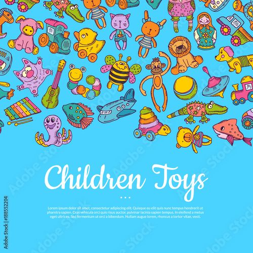 Vector hand drawn colored children or kid toys illustration