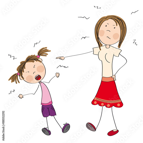 Mother angry with her naughty daughter telling her off - original hand drawn illustration
