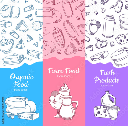 Vector vertical banners with sketched dairy goods