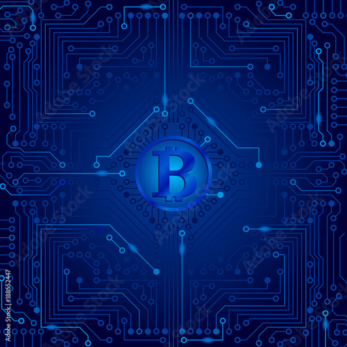 The electronic board from the computer in blue color with a Bitcoin in the center. Vector image.