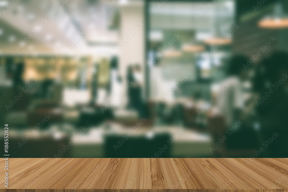 table and chair in food court, cafe, coffee shop, restaurant interior with wood table for montage or display your product
