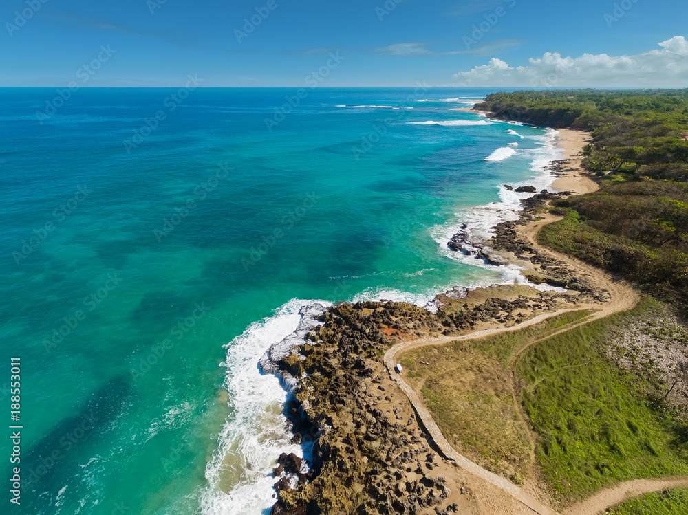 Fototapeta premium Beautiful tropical coastline, view frome above, Dominican Republic