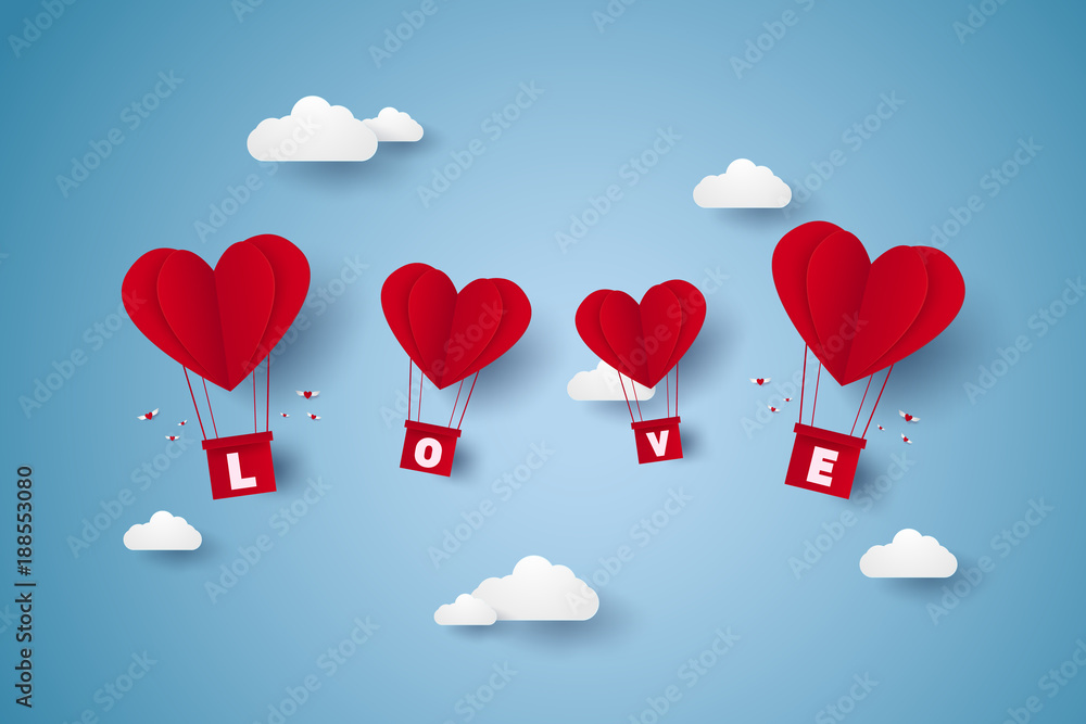 Valentines day , Illustration of love , red heart hot air balloons with lettering flying on sky , paper art style