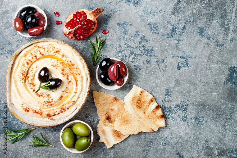 Homemade hummus with paprika, olive oil. Middle Eastern traditional and