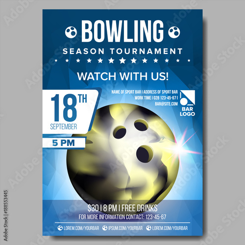 Bowling Poster Vector. Banner Advertising. Sport Event Announcement. Ball. A4 Size. Announcement, Game, League Design. Championship Label Illustration