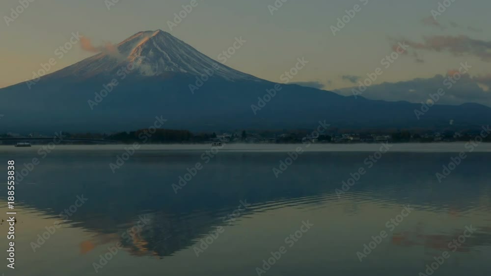 Timelapse of Fuji Mountain view with lake under blue sky in the morning. Timelapse of Fuji Mountain view with lake under blue sky in the morning.