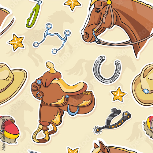 Wild West Cartoon Style Seamless Pattern with horse, saddle and horse shoe
