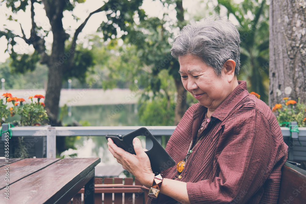 Fototapeta premium elder woman holding mobile phone in garden. elderly female texting message, using app with smartphone in park. senior use cellphone to connect with social network
