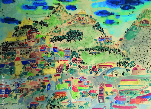 Villages colorés imaginaires dans les montagnes