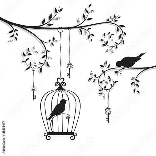 The bird in the cage hanging on the branch. Line-art silhouette.
