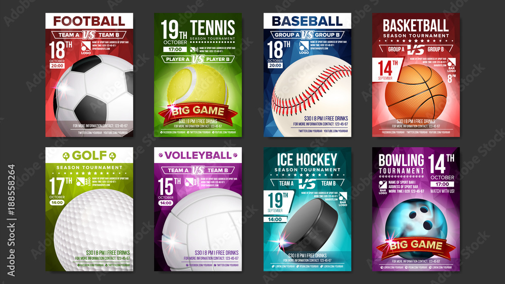 Sport Posters Set Vector. Golf, Baseball, Ice Hockey, Bowling