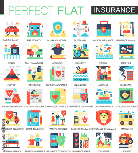 Health, car, house Insurance vector complex flat icon concept symbols for web infographic design.