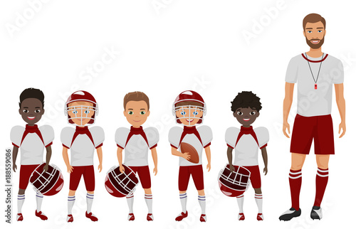 Vector Cartoon flat school american football boys team standing with their coach trainer.
