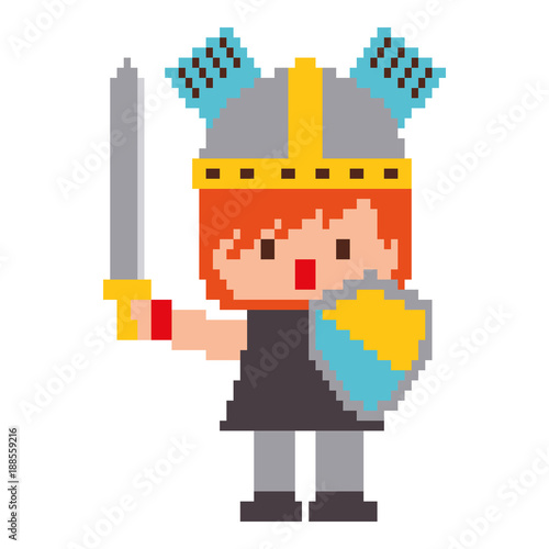 pixel character knight with sword and shield for games vector illustration