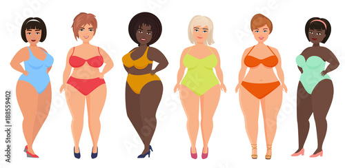 Cartoon vector beautiful plus size curved women in underwear, bathing suit, Female swimsuits.