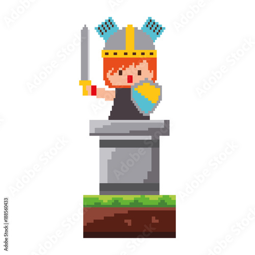 pixel character knight with sword and shield video game vector illustration