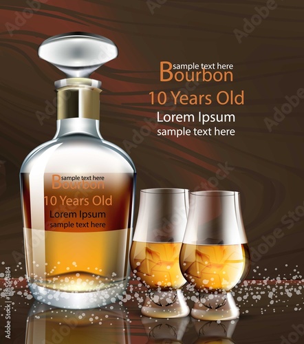 Bourbon bottle and glasses realistic Vector. product packaging mock up detail...