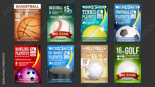 Sport Posters Set Vector. Golf, Baseball, Ice Hockey, Bowling, Basketball, Tennis, Soccer. Design For Sport Bar Promotion. Bowling Ball. Modern Tournament. A4 Size. Championship Flyer Illustration